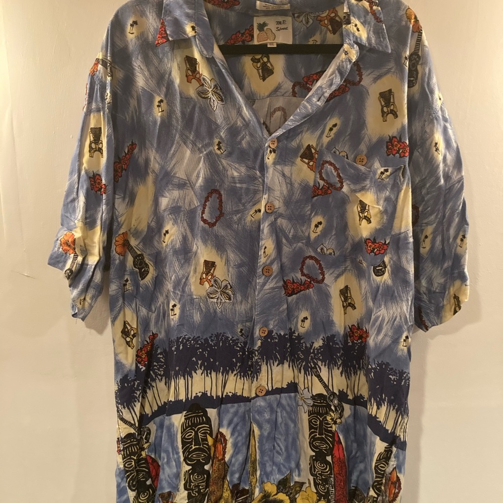 M. E. Sport Hawaiian shirt XXL featuring tiki theme and leis